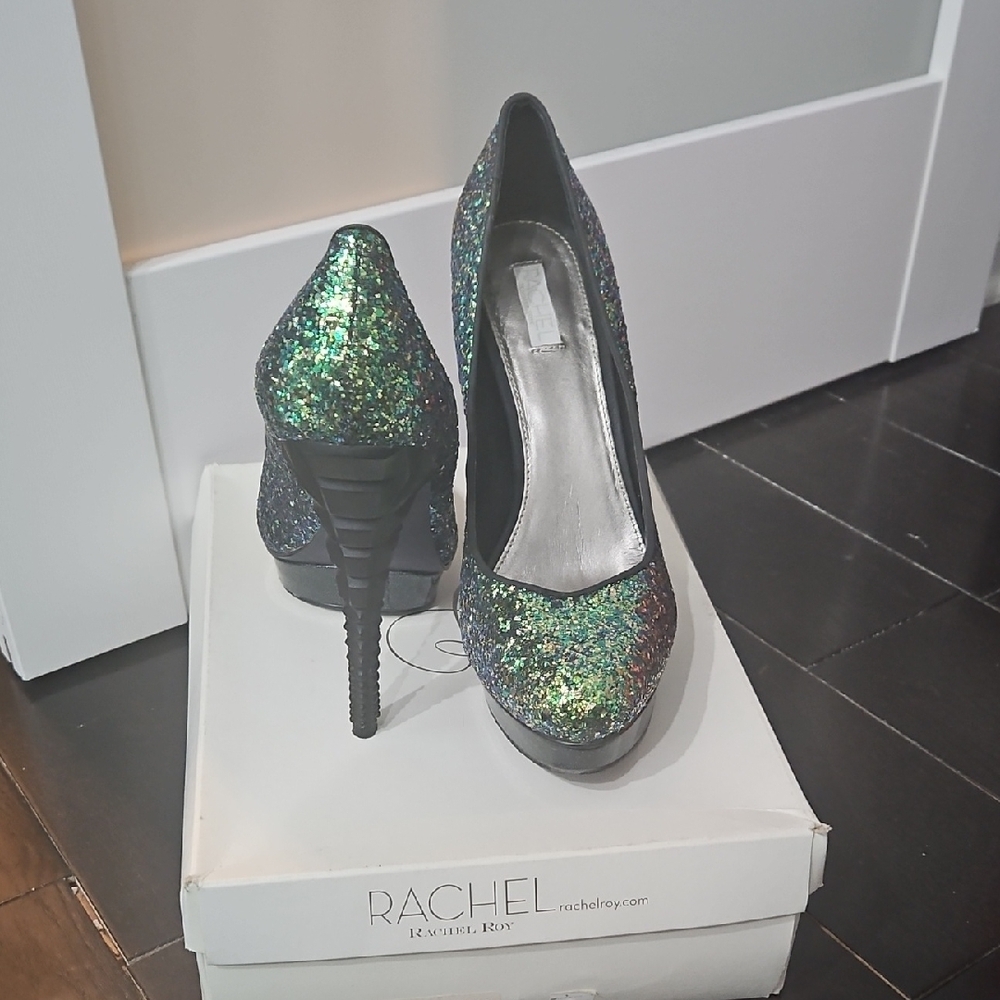 Rachel Roy Green Glitter Platform Heels